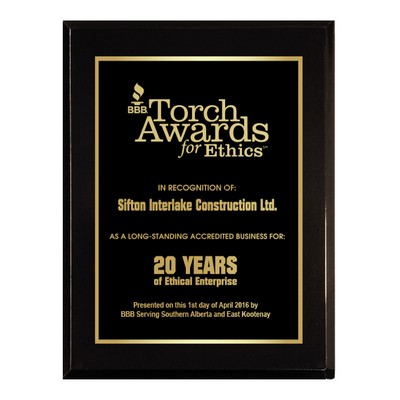 5" x 7" High Gloss Black Finish Plaque w/ Laser Engraved Plate and Back Plate