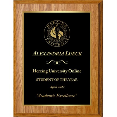 8" x 10" Oak Finish Plaque w/ Laser Engraved Plate and Back Plate